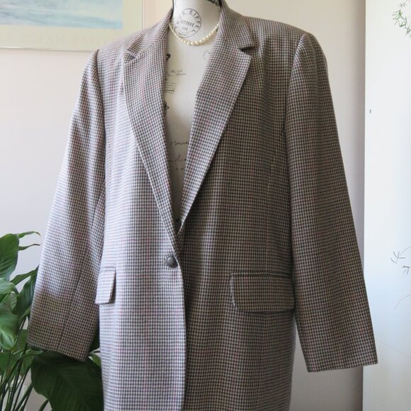 Vintage Alia Wool Houndstooth Light Grey Blazer - Picture 1 of 12